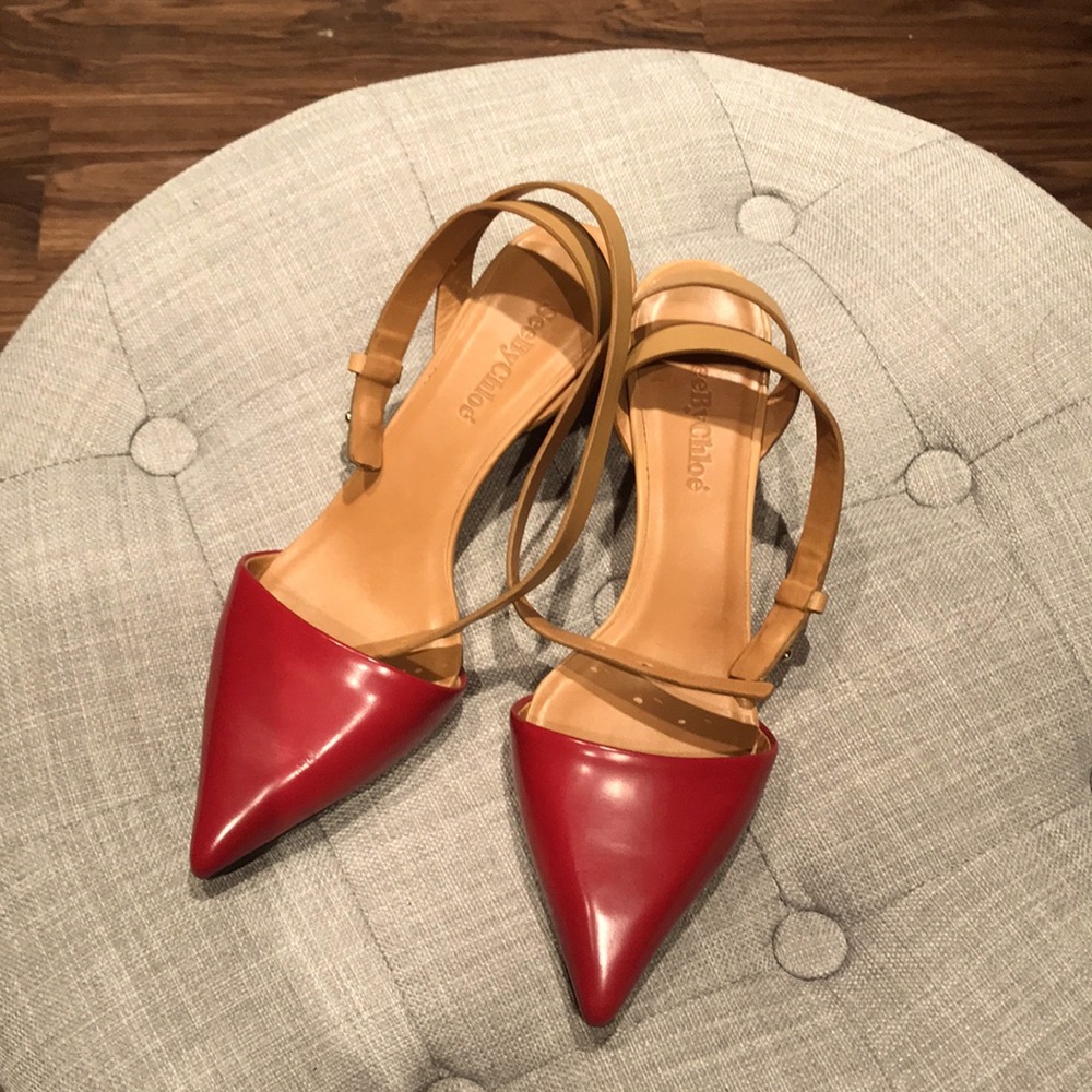 Chloe red kitten heel sandals